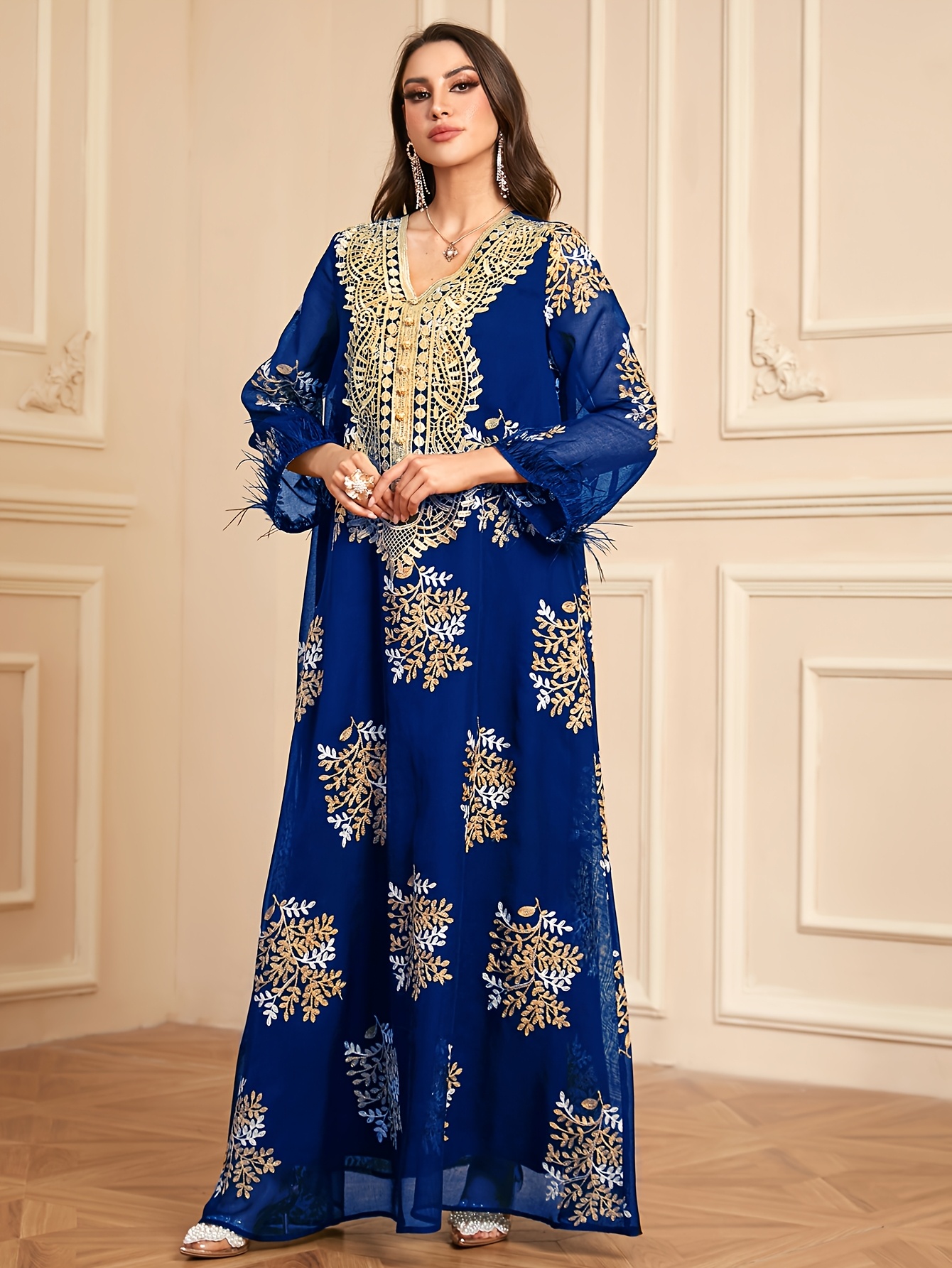 arabian style v neck lace trim snowflake print long dress - Temu
