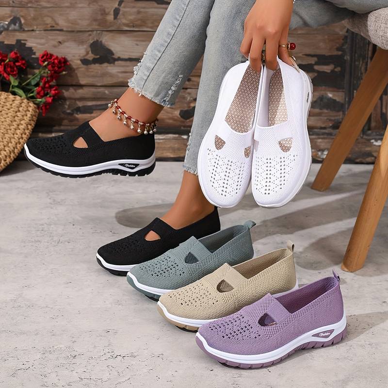 Chaussures Plates Ajourées Pour Femme – Baskets Noires à Enfiler, Antidérapantes, Respirantes – Confortables Pour L'été, Décontractées