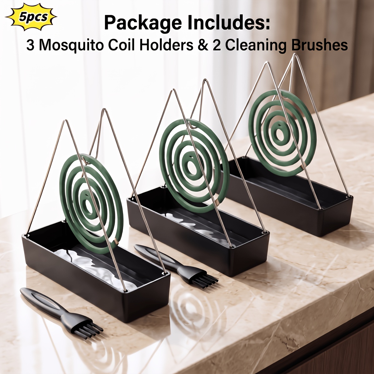 TEMU 5pcs Set, Including 3pcs Coil Holders And 2pcs Cleaning Brushes, Wire 3d Coil Stand, Exquisite Holder, Home Hanging Incense Holder, Sturdy And