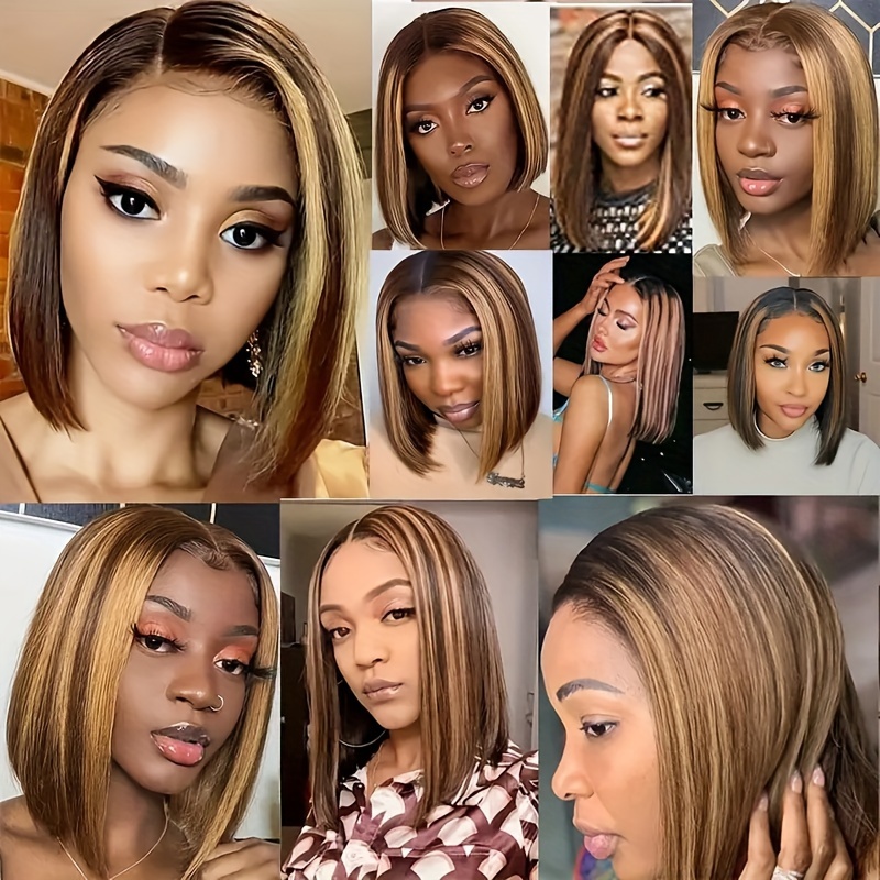 womens basic straight bob lace front wig 13x4 transparent lace with baby hair highlight honey blonde 150 density human hair wig for african american women details 6