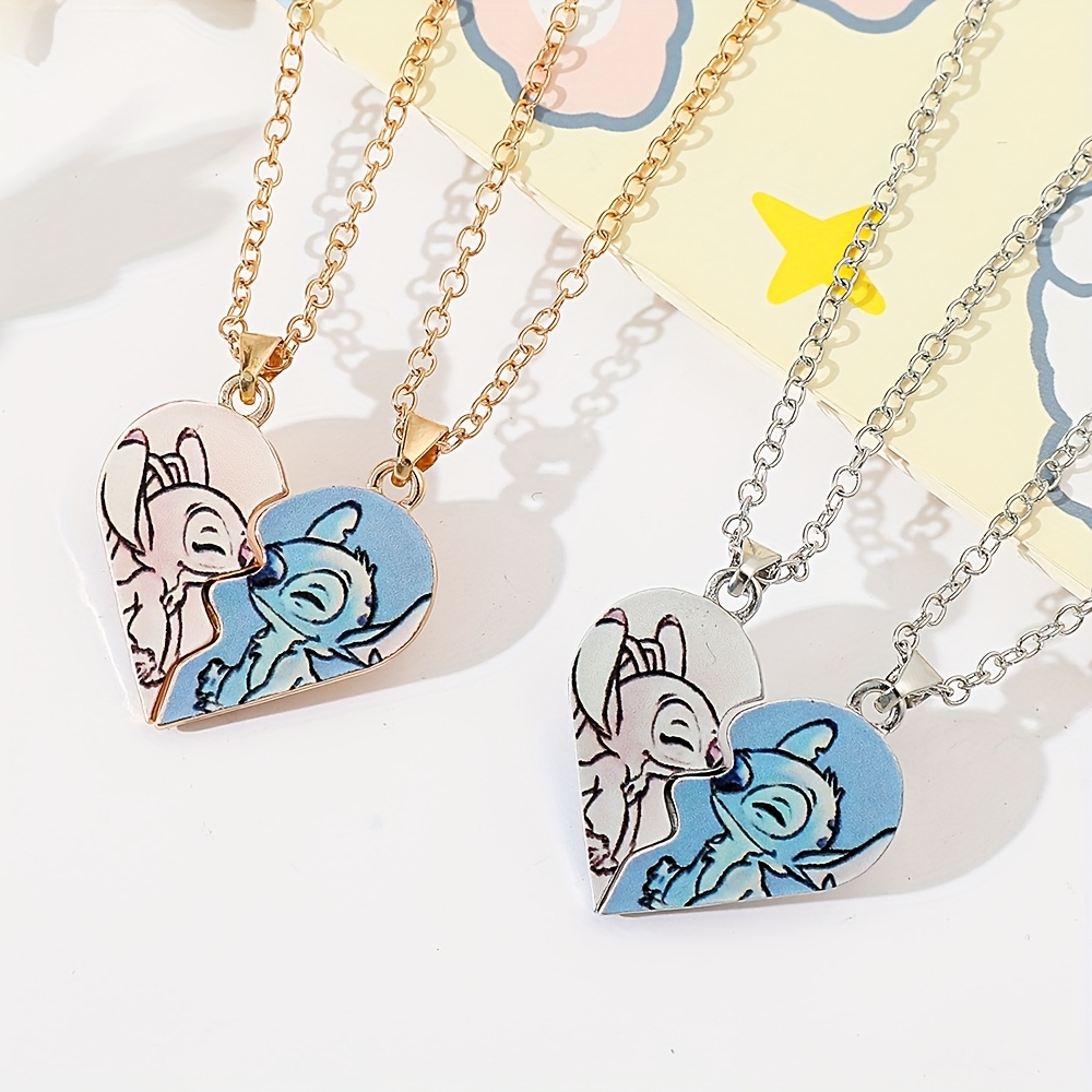 

2pcs Per Set [authorized] Disney Stitch And Couple Heart Necklace, Cartoon Love Jewelry For Couples, Gifts For Men And Women