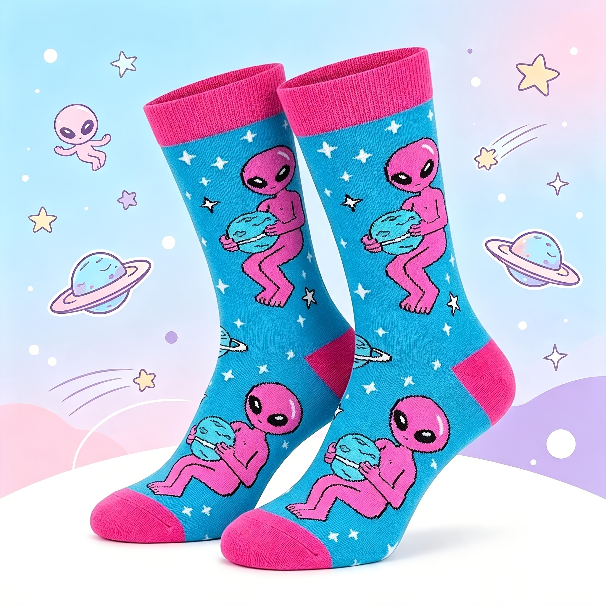 TEMU 1 Pair Men's Holding Planet Crew Socks - Fun Space-themed Cartoon Socks With & Planet, Breathable Comfortable Suitable For Parties, Daily Wear,