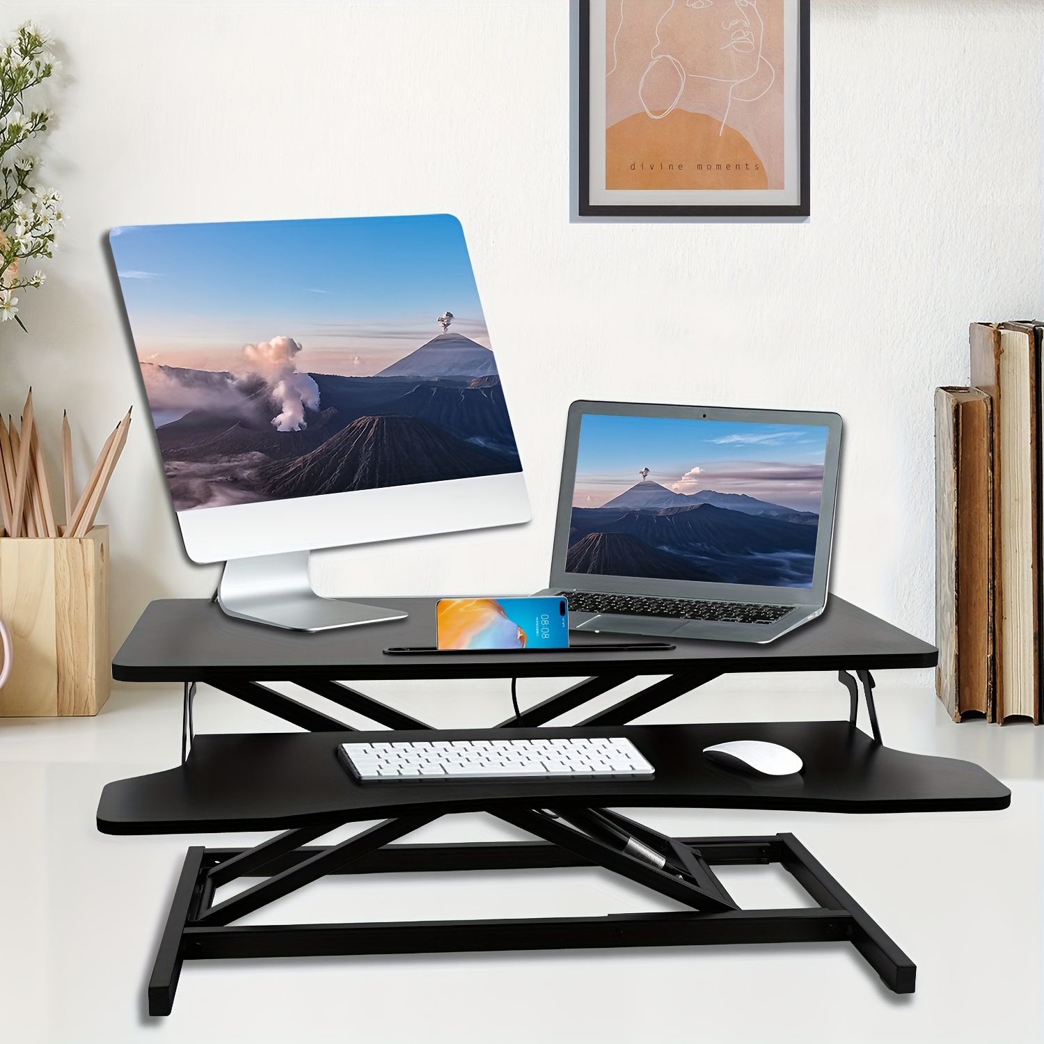 

Height Adjustable Stand Up Desk Converter 32 Inch, Quick Sit To Stand Tabletop Dual Monitor Riser Workstation, Black