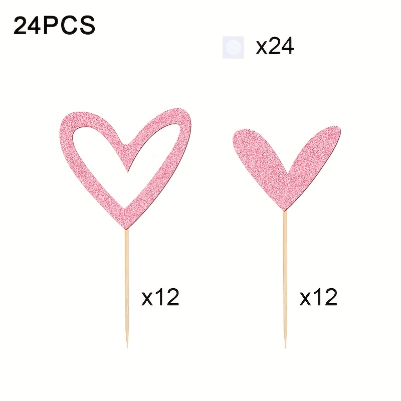 Image of 24-piece Glitter Heart-shaped Cupcake Toppers, Suitable For Valentine's Day, Weddings, Engagements, And Birthdays, Bamboo Cake Decorations, Cake Decorating Supplies