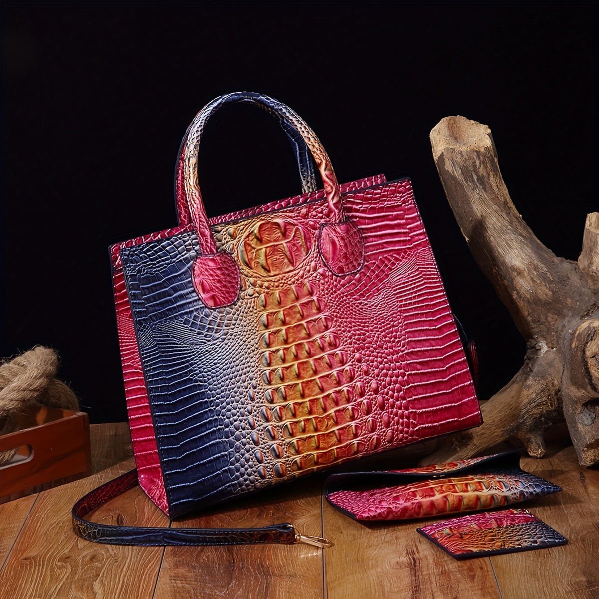 Colorful Crocodile Pattern Bag Set Gradient Color Handbag - Temu