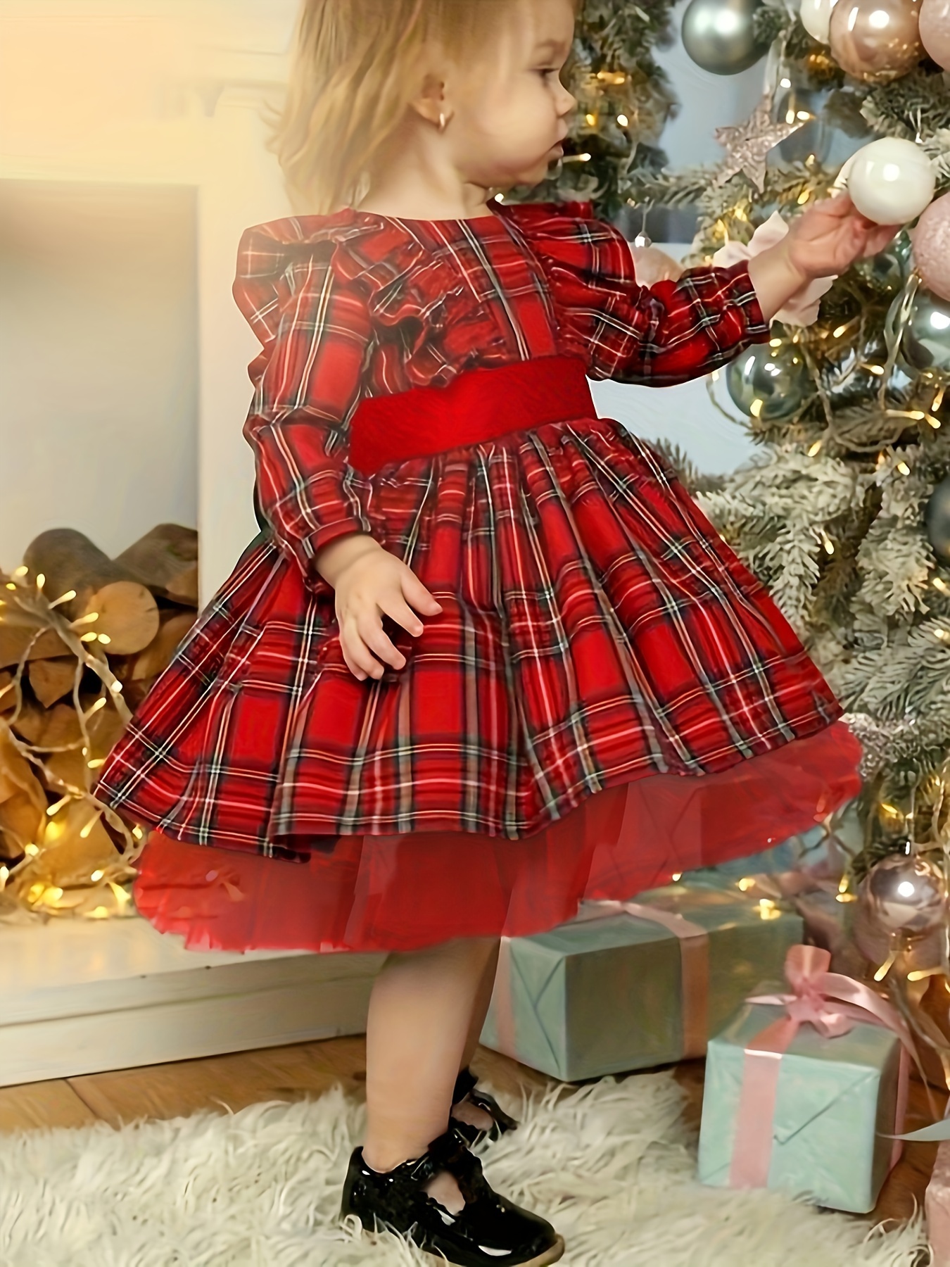 Little Toddler Baby Girl Christmas Outfits Red Plaid Ruffle Sleeve