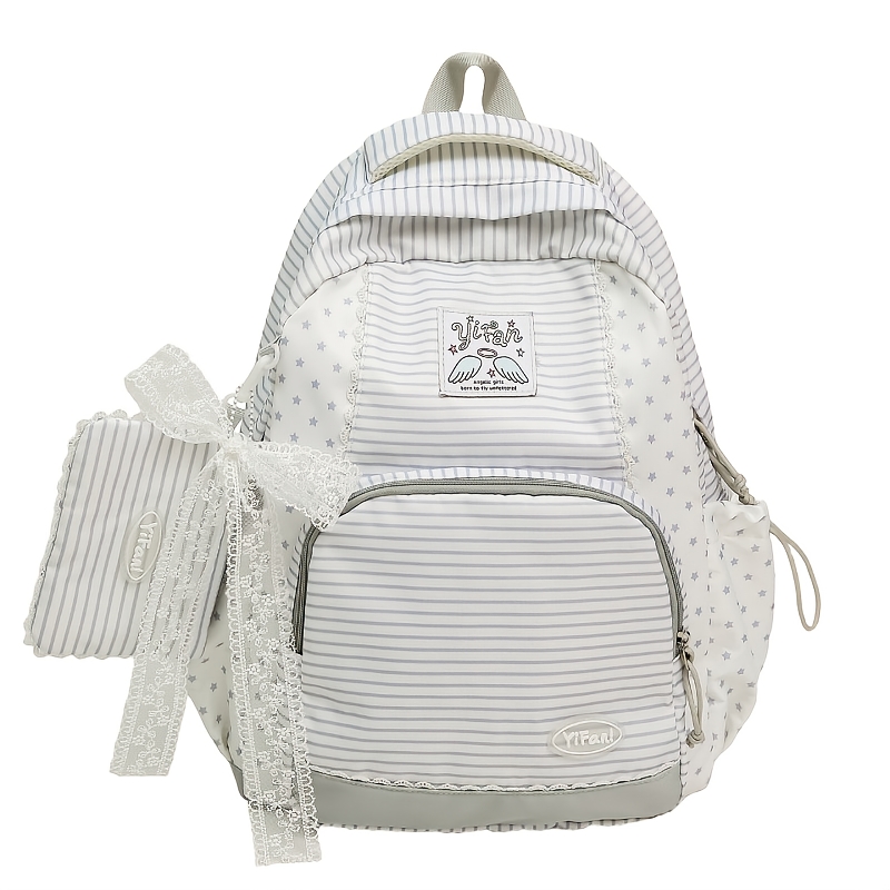 Image of Women' Polka & Lace Backpack With Matching Pouch - Soft Nylon School Bookbag, Kawaii Y2k Daypack Suitable For Travel, Preppy Aesthetic Rucksack, Zipper Closure & Machine Washable For Daily Use, Tone