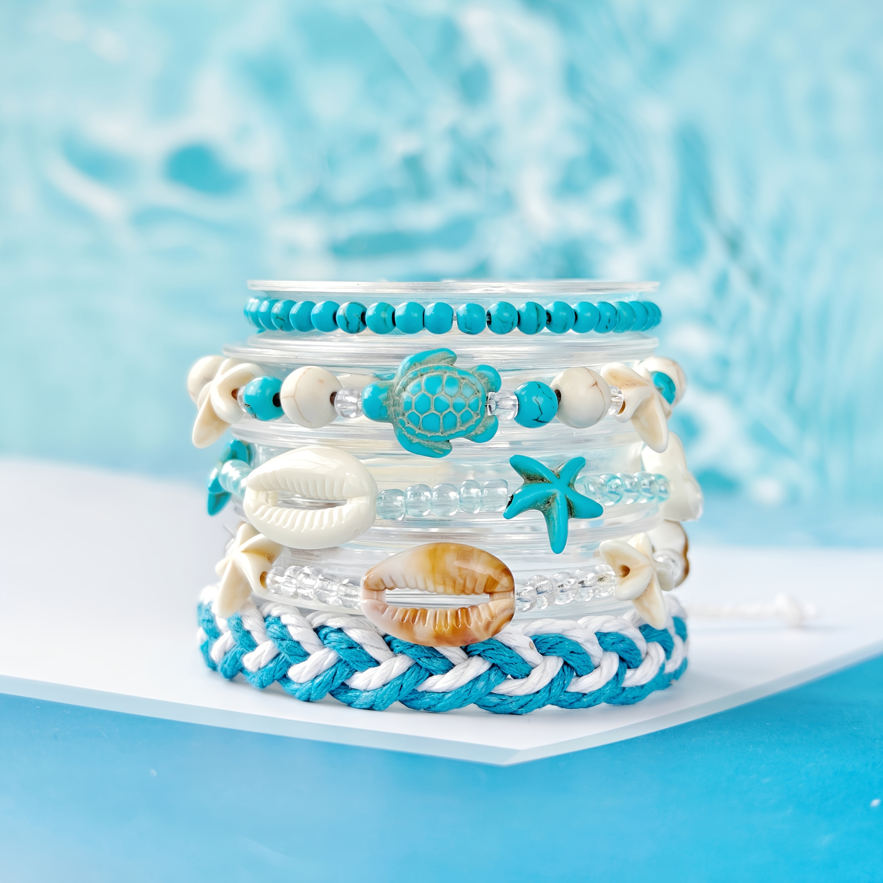 Image of 5pcs Set Of Resin Shells, Starfish Beaded Stacking Bracelet Set, Beach And , Fashionable Versatile Bracelet For Daily Vacation Multi-scene Use, Ideal Holiday Gif
