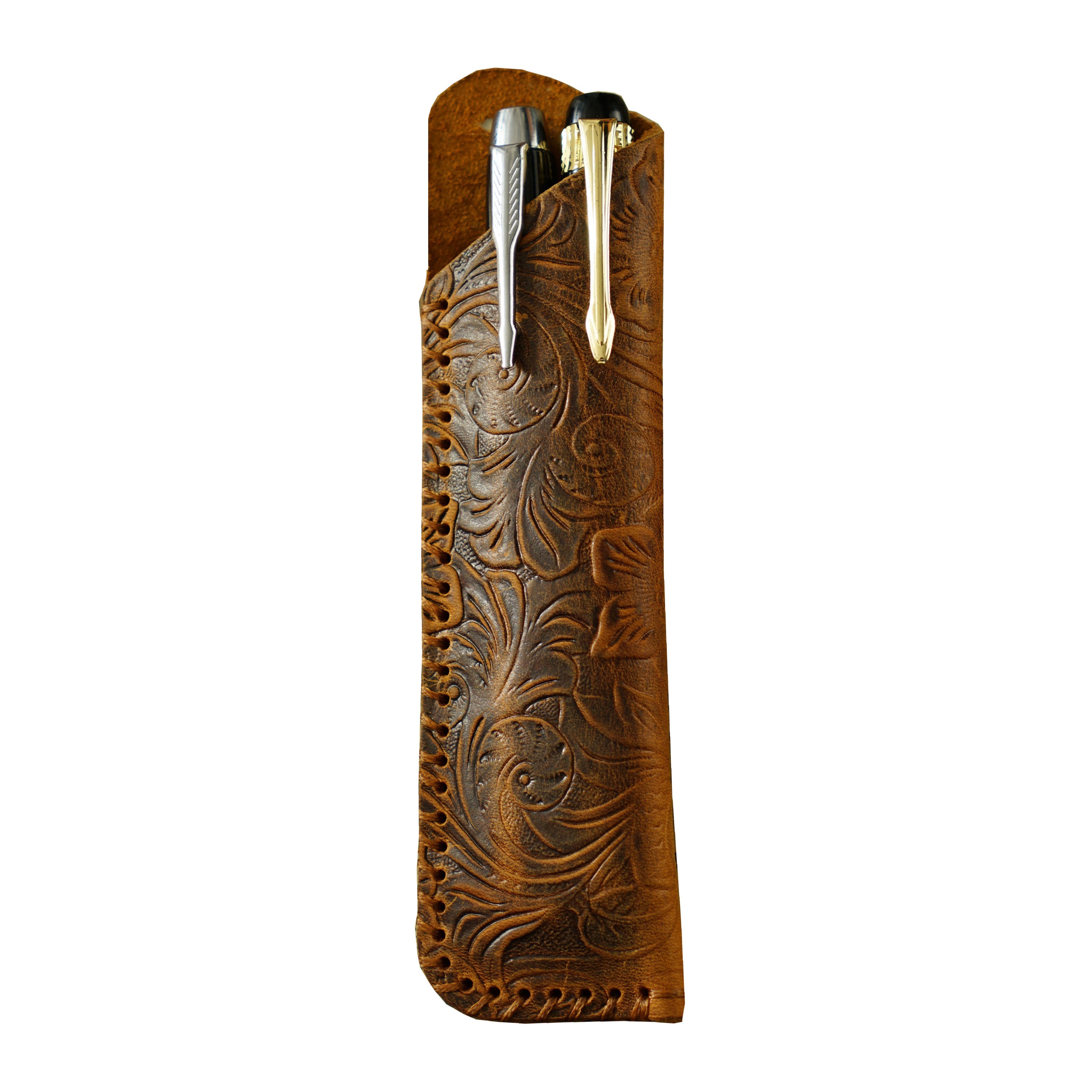 

1pc Vintage Handcrafted Genuine Leather Pen Pouch, Embossed Floral Pattern, Cowhide, Outdoor Creative Protective Case Gift