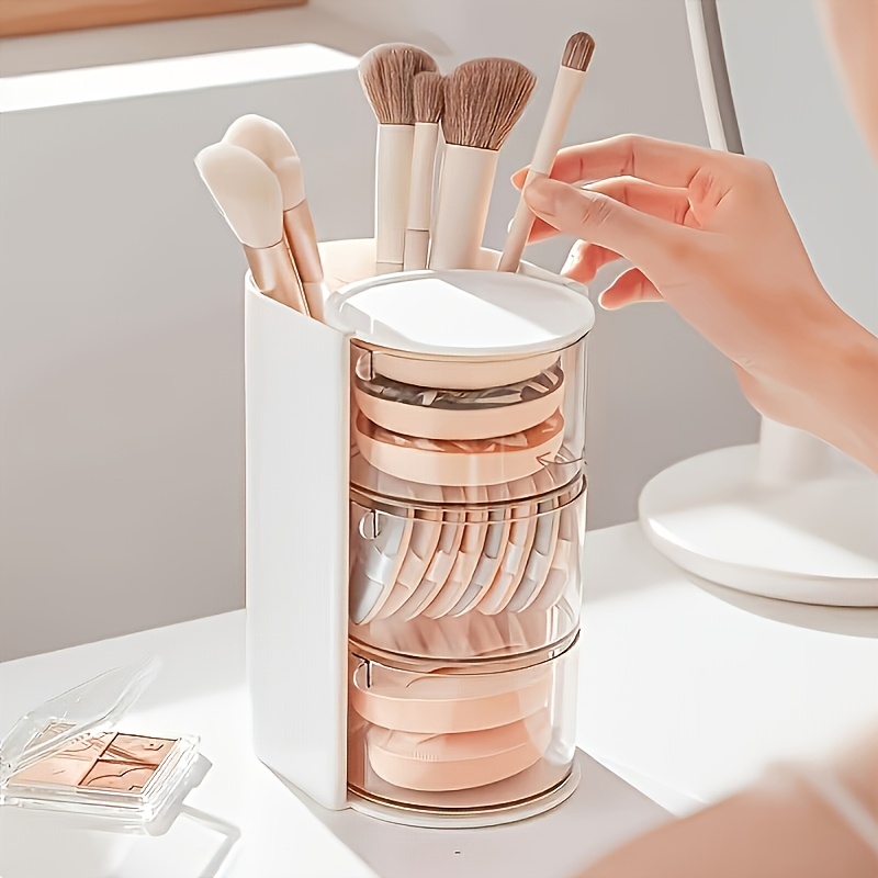 TEMU Boîte de rangement cosmétique, organisateur de houppette à poudre et de pinceaux de Cosmétique, œuf multicouche de bureau, Cosmétique, élastique