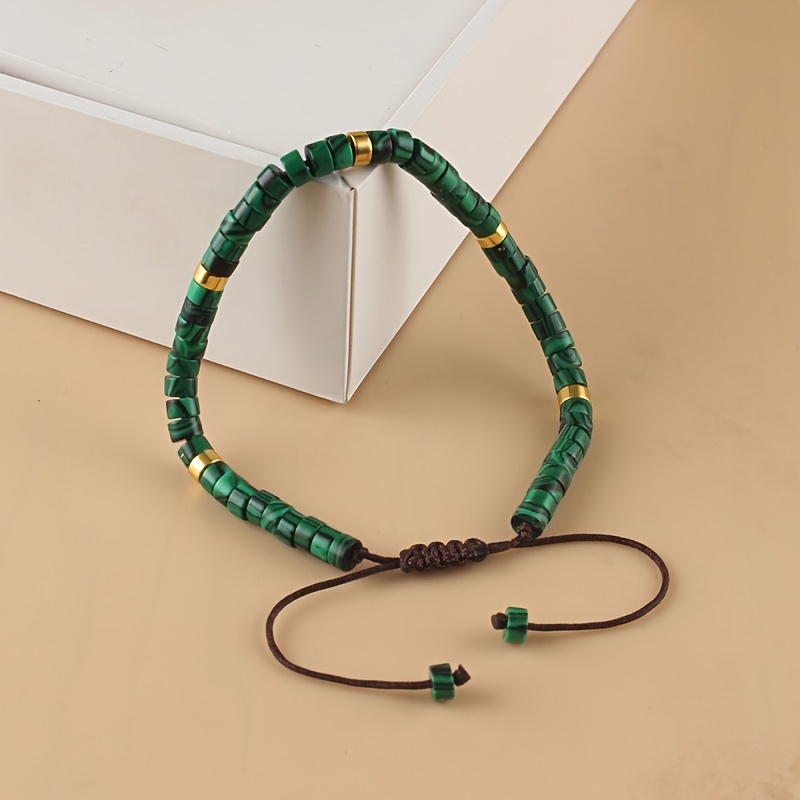 Bohemian Malachite Bead Bracelet 2x4 Green & Golden Adjustable Cord