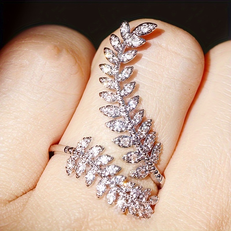 925 Silver Plated Zirconia Olive Leaves Ring Adjustable