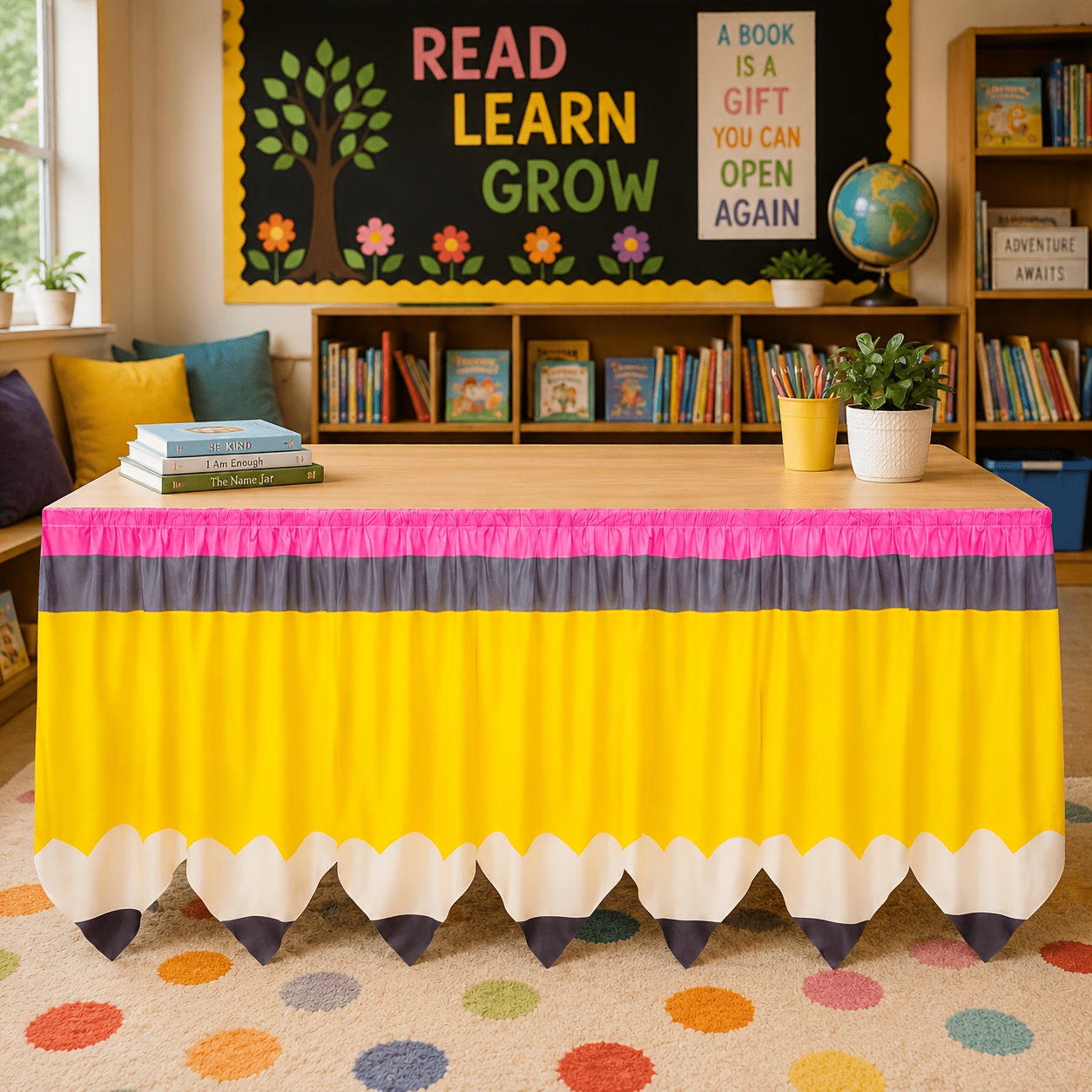 TEMU Halloween,christmas,party Table Skirt, 1pc, Table Skirt, Yellow Pencil Theme With Pink Pencil , Gray , Yellow Pencil Body, And Tip Pattern,