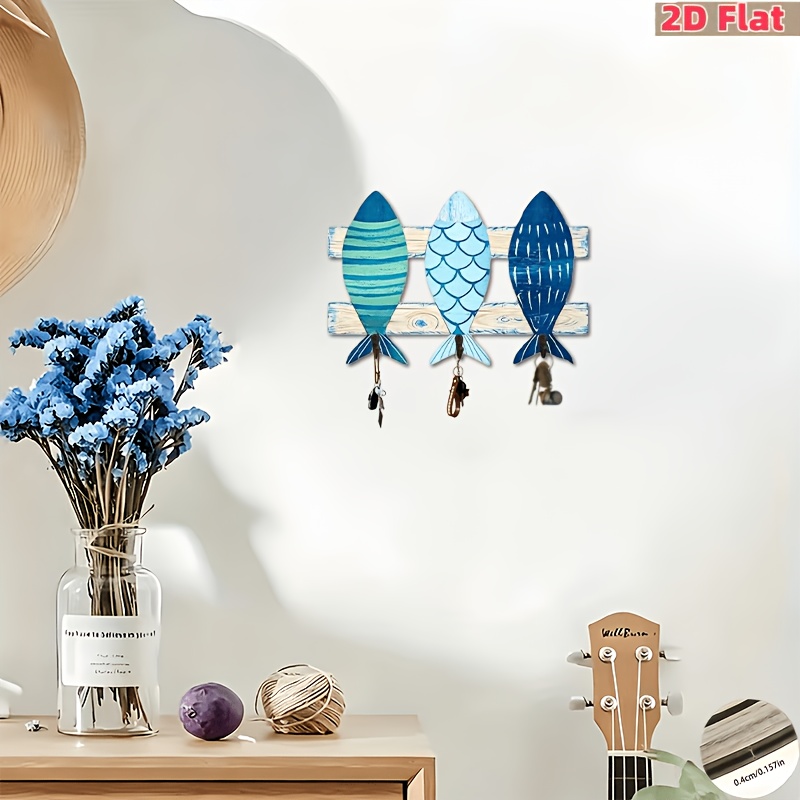 TEMU 2d Flat Single-piece Wall-mounted Seaside Style Wooden Small Fish Key Holder, Entryway Decoration Nautical Style With 3 Key Hooks, Suitable For