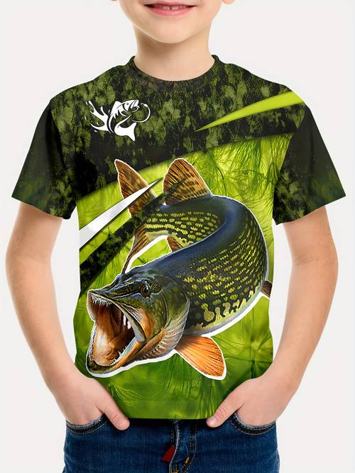 fish grafische print, casual comfortabel t-shirt met ronde hals en korte mouwen voor jongens, geschikt voor dagelijkse en buitenshuis kleding.