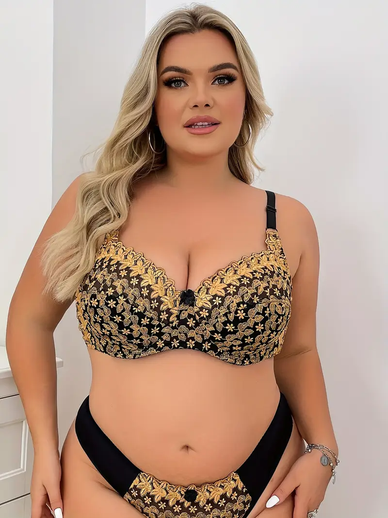 womens plus sexy bra plus size bow decor floral embroidery non padded underwire bra details 4