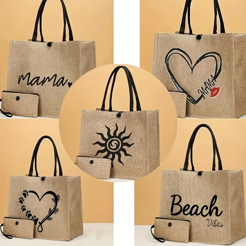 

2-piece Set Burlap Tote Bags With Stylish Letter Prints, Women's Lightweight Versatile Large Capacity Beach Bag, Casual Shopping Handbag, "mama" & "beach " Designs With Pouch