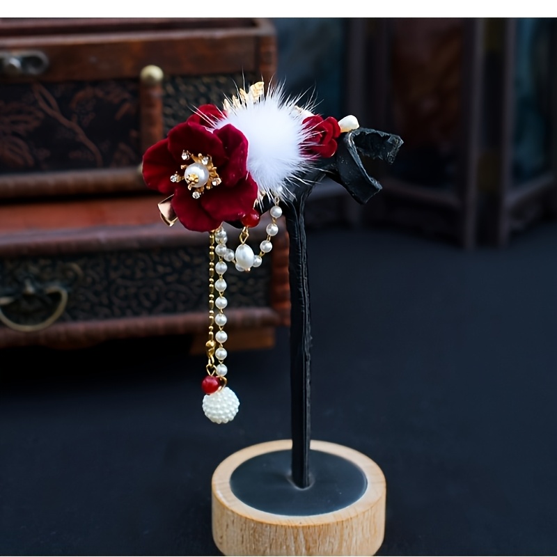 TEMU Red Hair Clips With Pom Pom & Tassel - Chinese Hanfu Hair Accessories