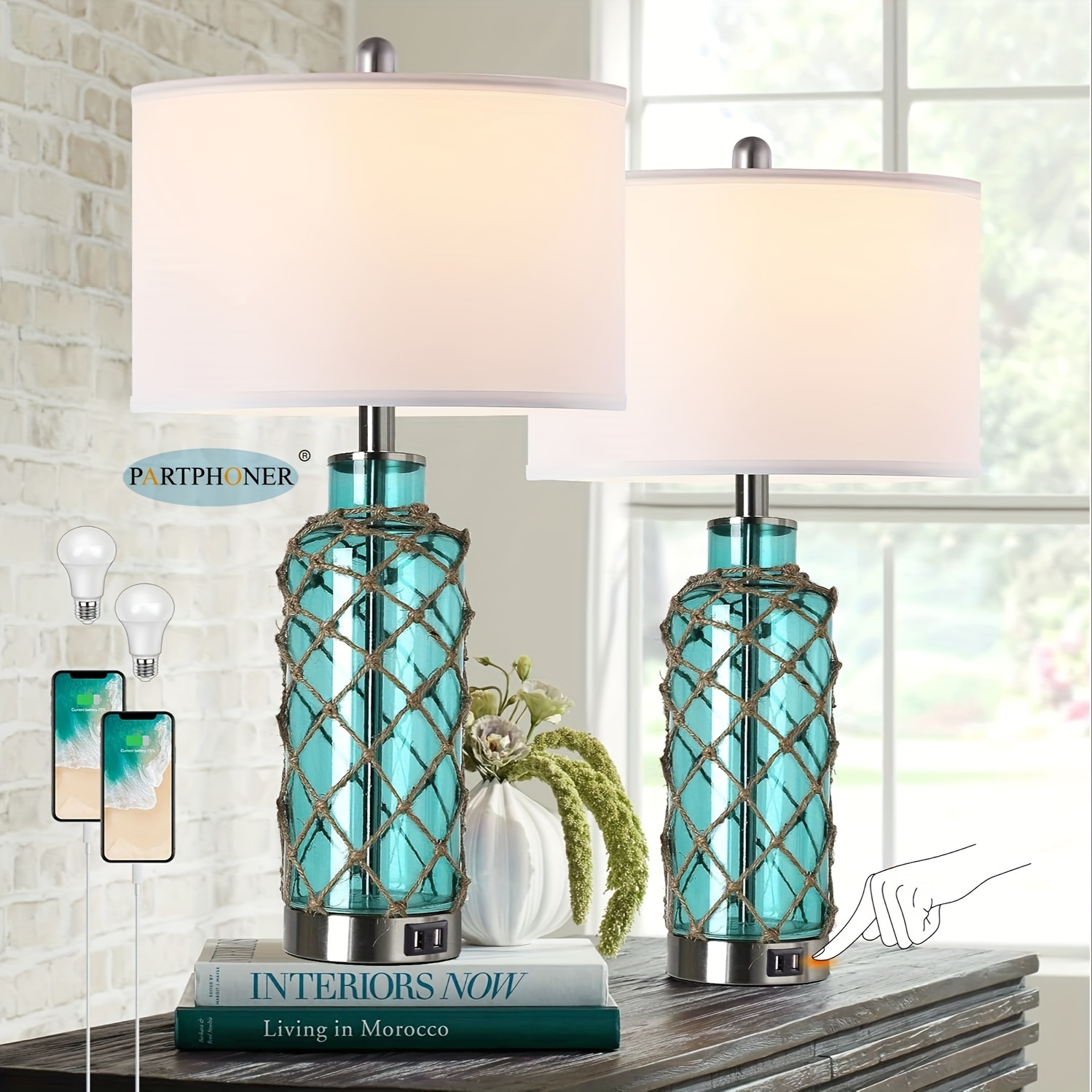 

Cottage Nautical Accent Table Lamp Set Of 2, Green Glass Rope Net Bedside Lamp With 2 Usb , 3-way Dimmable Nightstand Lamps With Suitable For Business, Bookstores, Valentine's Day And Easter Gifts