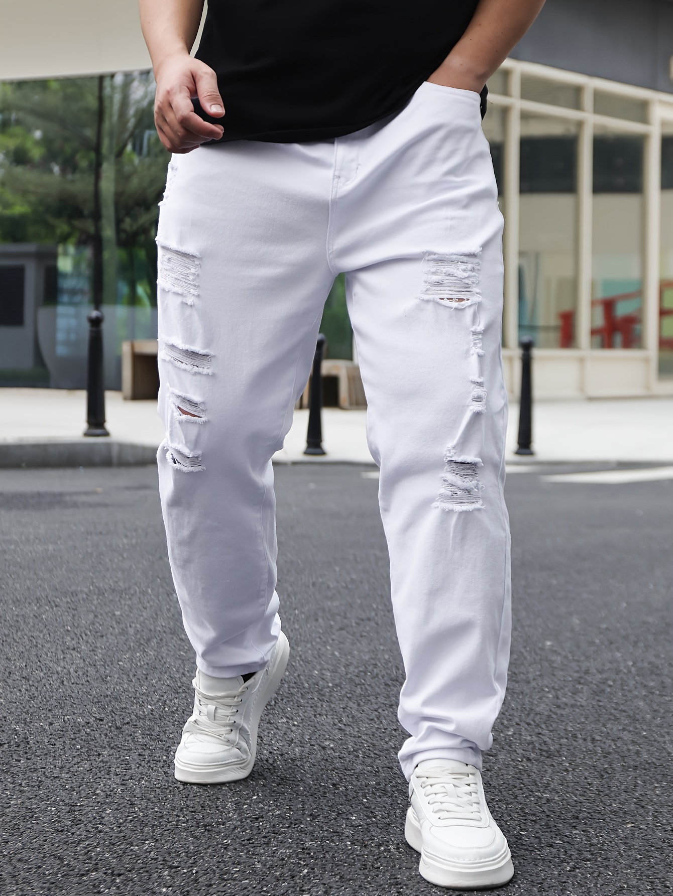 Men'S Plus Size Ripped Skinny Jeans, 98% Cotton 2% Elastane, High Stretch Woven Fabric, All-Season Solid Color Basics, 369g/m² Weight
