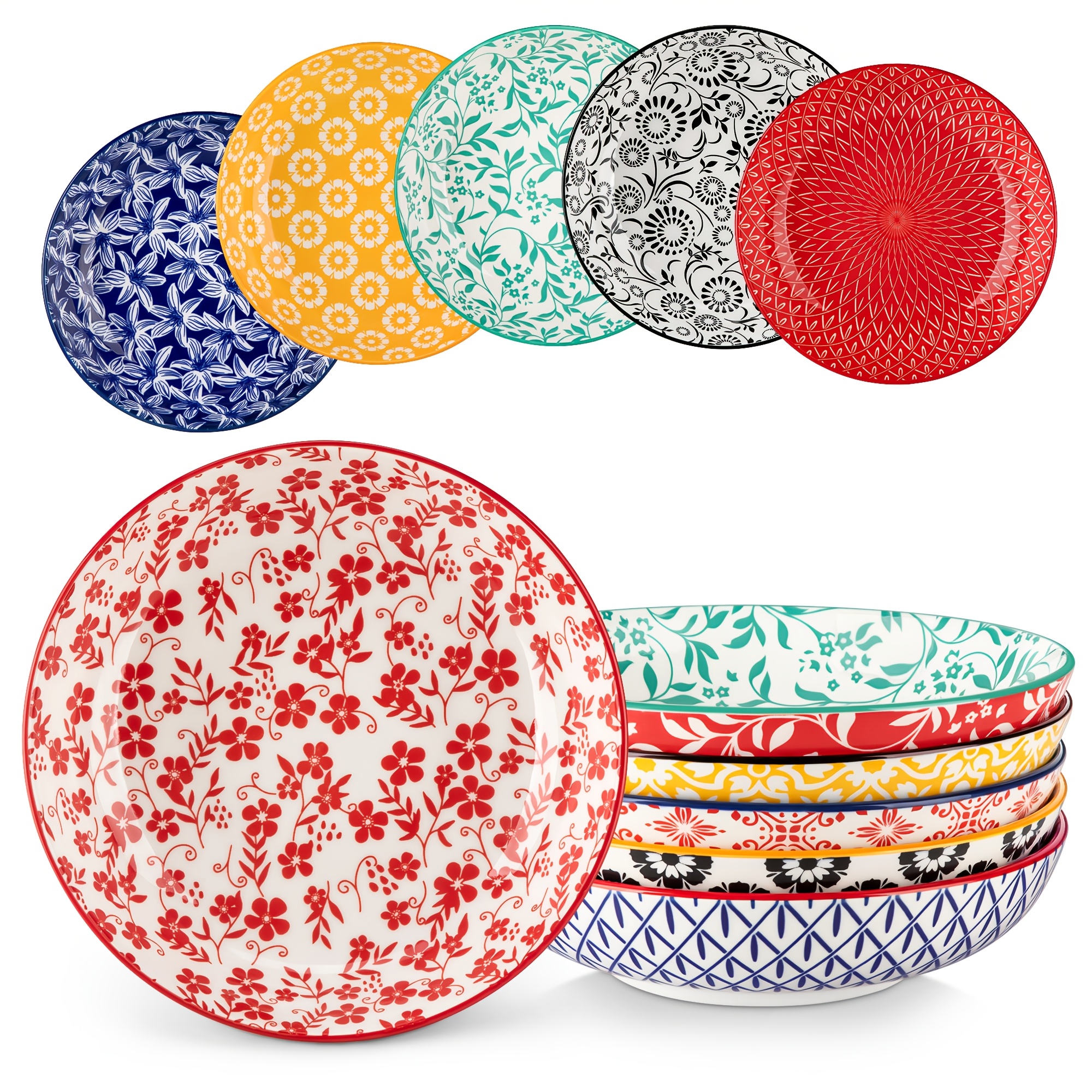 Image of Vintage Floral 6pcs Porcelain Colorful Soup Bowl 40oz Large Serving Bowl Set Of 6 For Wedding, Bridal Shower, Birthday Gift, Microwave & Dishwasher Safe