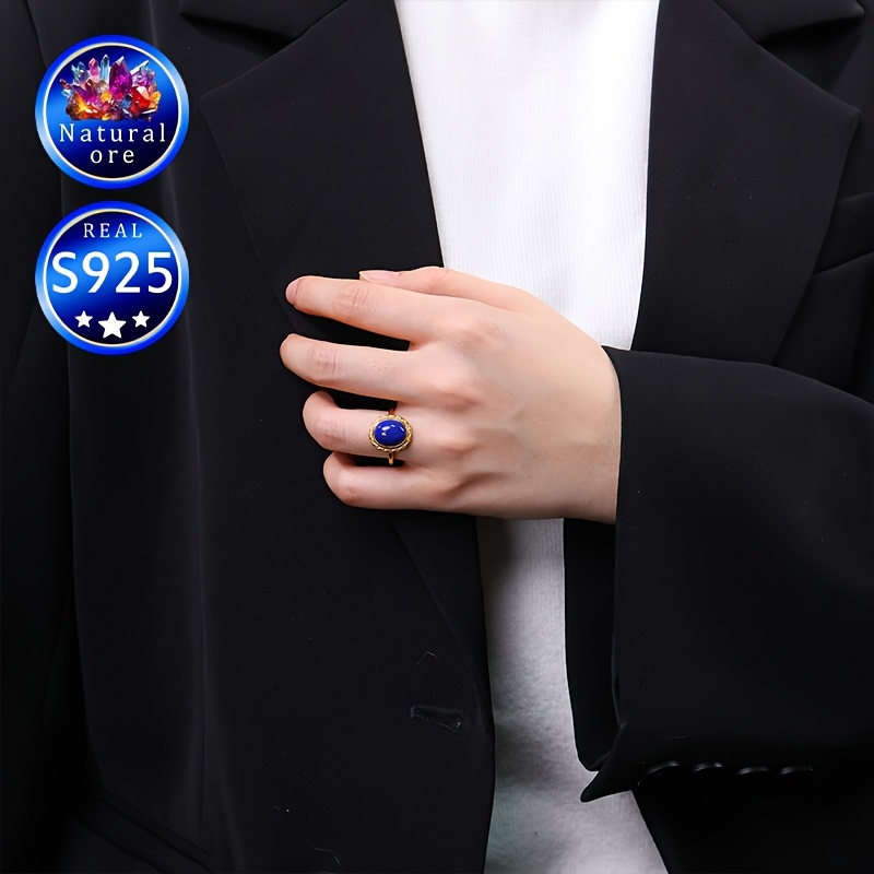 Natural Stone Ring S925 Silver Lapis Lazuli Vintage Gift