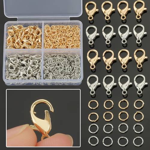 820pcs kc golden and white k 4 grid box lobster clasp ring set including 120pcs lobster clasps and 700pcs jump rings alloy jewelry clasps necklace buckles bracelet buckles tail chain clips bead closure rings connector single loop keychain