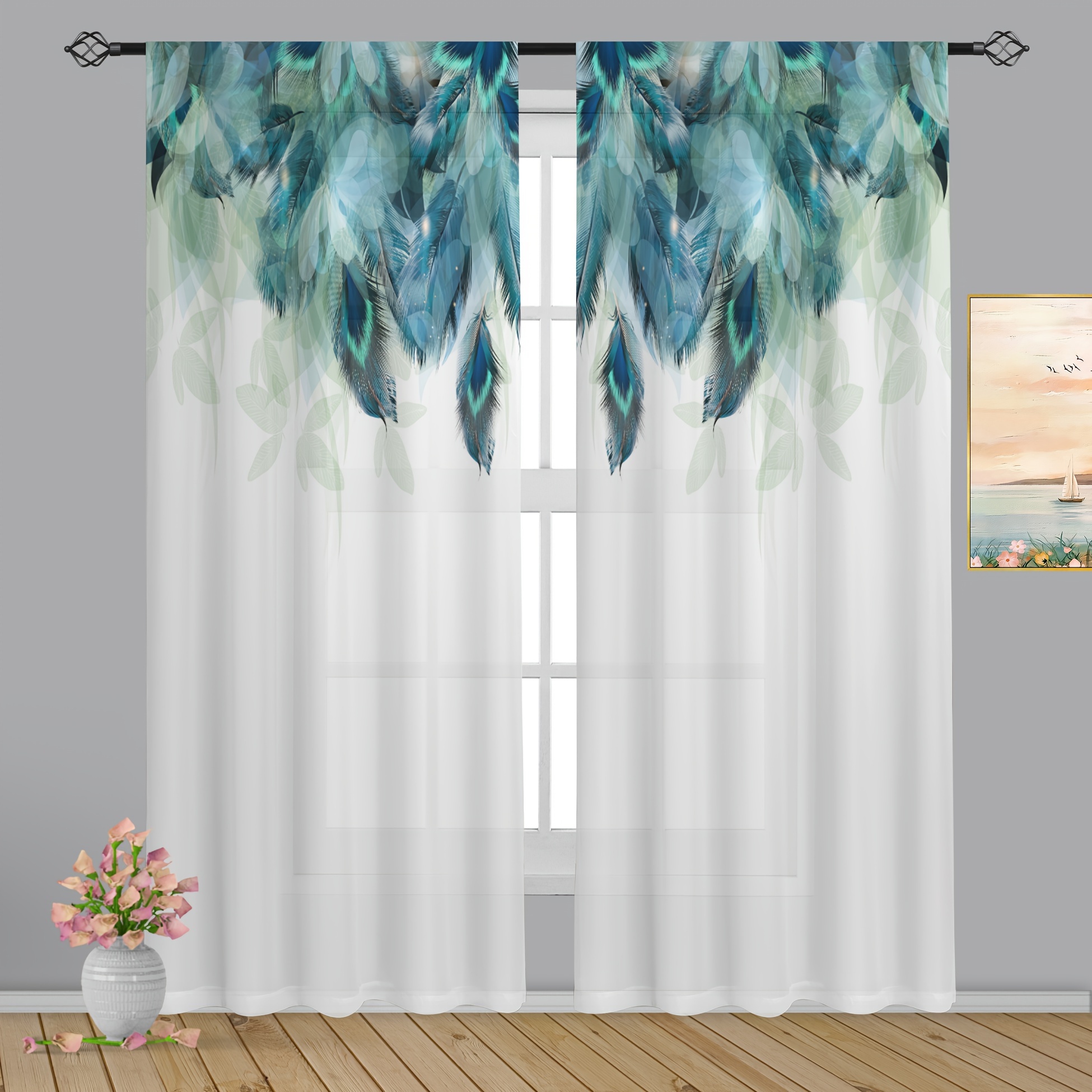 

2pcs, Green Feather Leaves Printed Translucent Curtains, Multi-scene Polyester Rod Pocket Decorative Curtains For Living Room Game Room Bedroom Home Decor Party Supplies