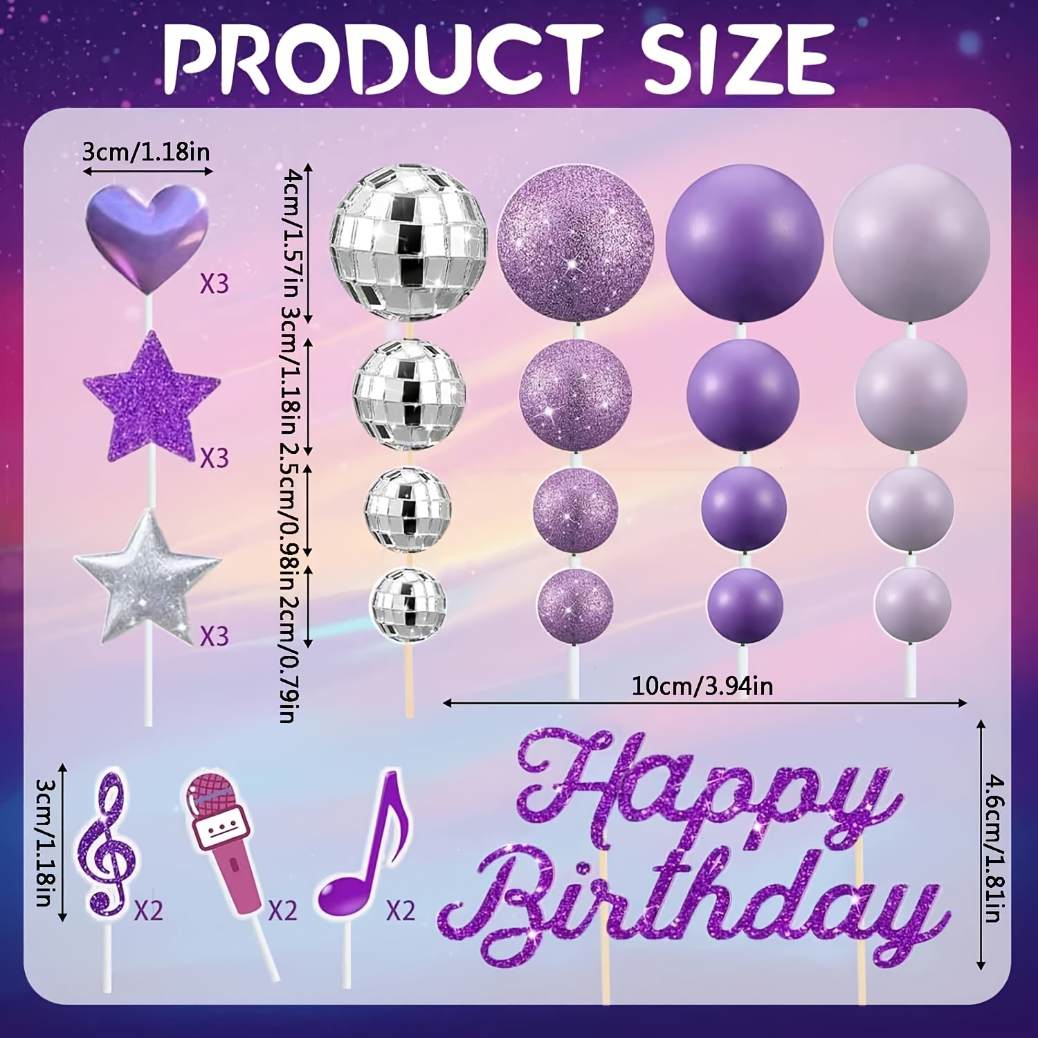 TEMU Lot de 32 décorations de gâteau violettes sur le thème de la musique, décorations de gâteau d'anniversaire pop, boules en mousse violettes ,