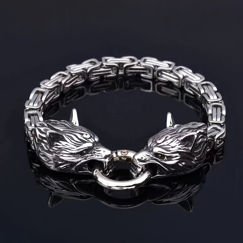 TEMU Trendy Punk Personality, 1 304 Stainless Steel Double Wolf Head Bracelet, Celtic Wolf Byzantine Chain Bracelet, Men's And Women's Motorcycle