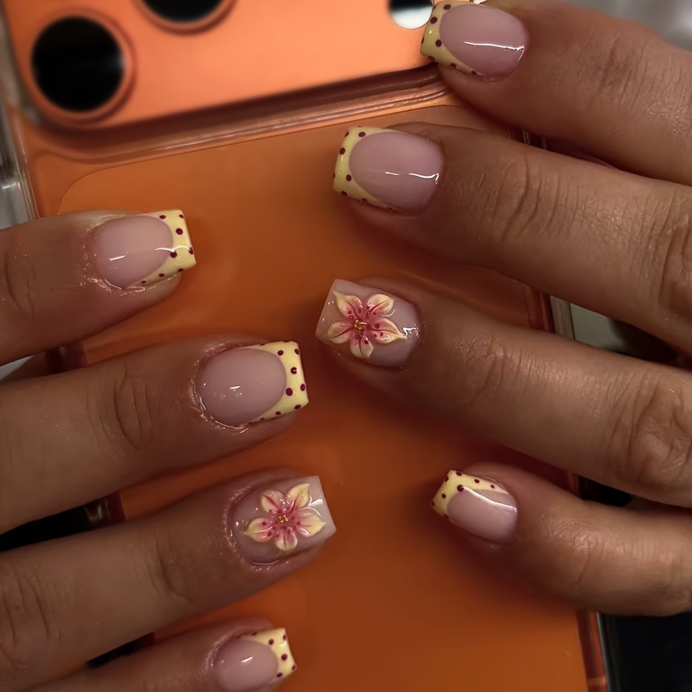 TEMU 24pcs Y2k Short Square Polka Dot Burgundy Press-on Nail Set, 3d Gel Rose Pink Flowers With Bead Decoration, Easy-to-wear Acrylic Fake Nails,