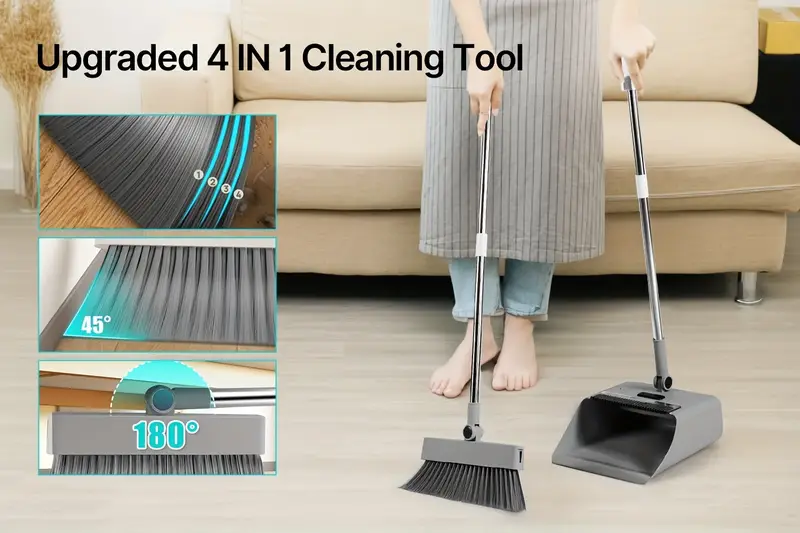 4 in 1 heavy duty all in one cleaning kit broom dustpan squeegee floor brush foldable space saving multi surface hard floor convertible sweeper mop system with durable plastic for home office bathroom Product details 0