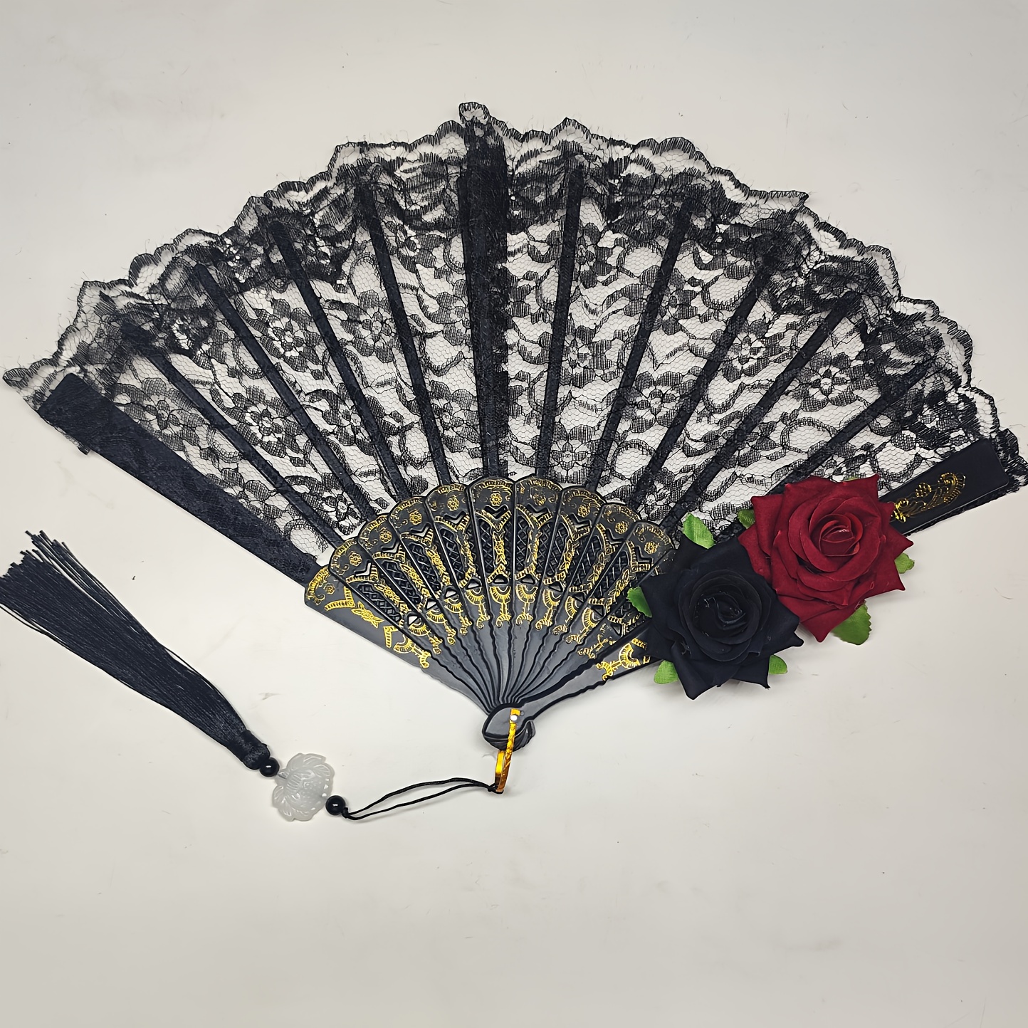 TEMU 할로윈 블랙 핸드 팬 레이스 로즈 휴대용, 빈티지 레트로 플라워 스페인식 대형 접이식 팬 여성용 할로윈 파티 코스프레 의상 사진 소품, 파티 공연, 댄스, 장식, 선물
