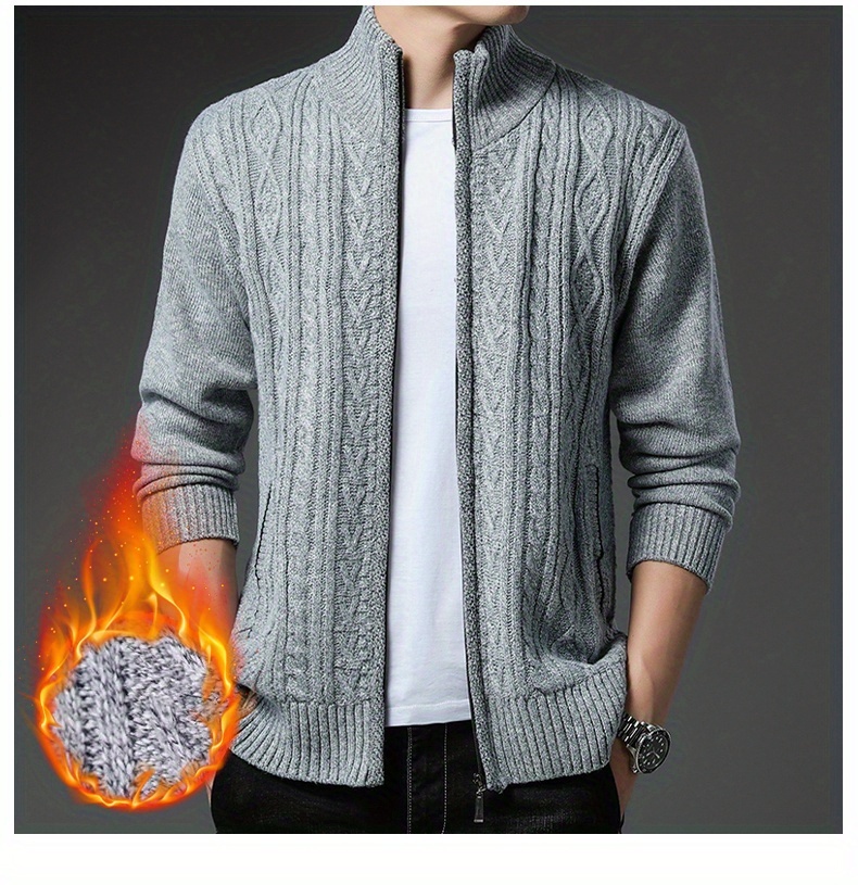 Men's Warm Cable-Knit Sweater Jacket - Winter Business Casual Coat with Stand Collar, Machine Washable Sweater for Office, Gym & Daily Wear - Cable-Knit Front Panel (No Belt Required) - Autumn/Winter