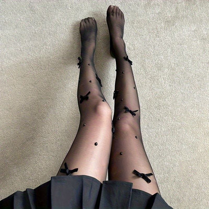 1-Paar Elegante Doorzichtige Zwarte Dames Panty's met Parelstrik Accent