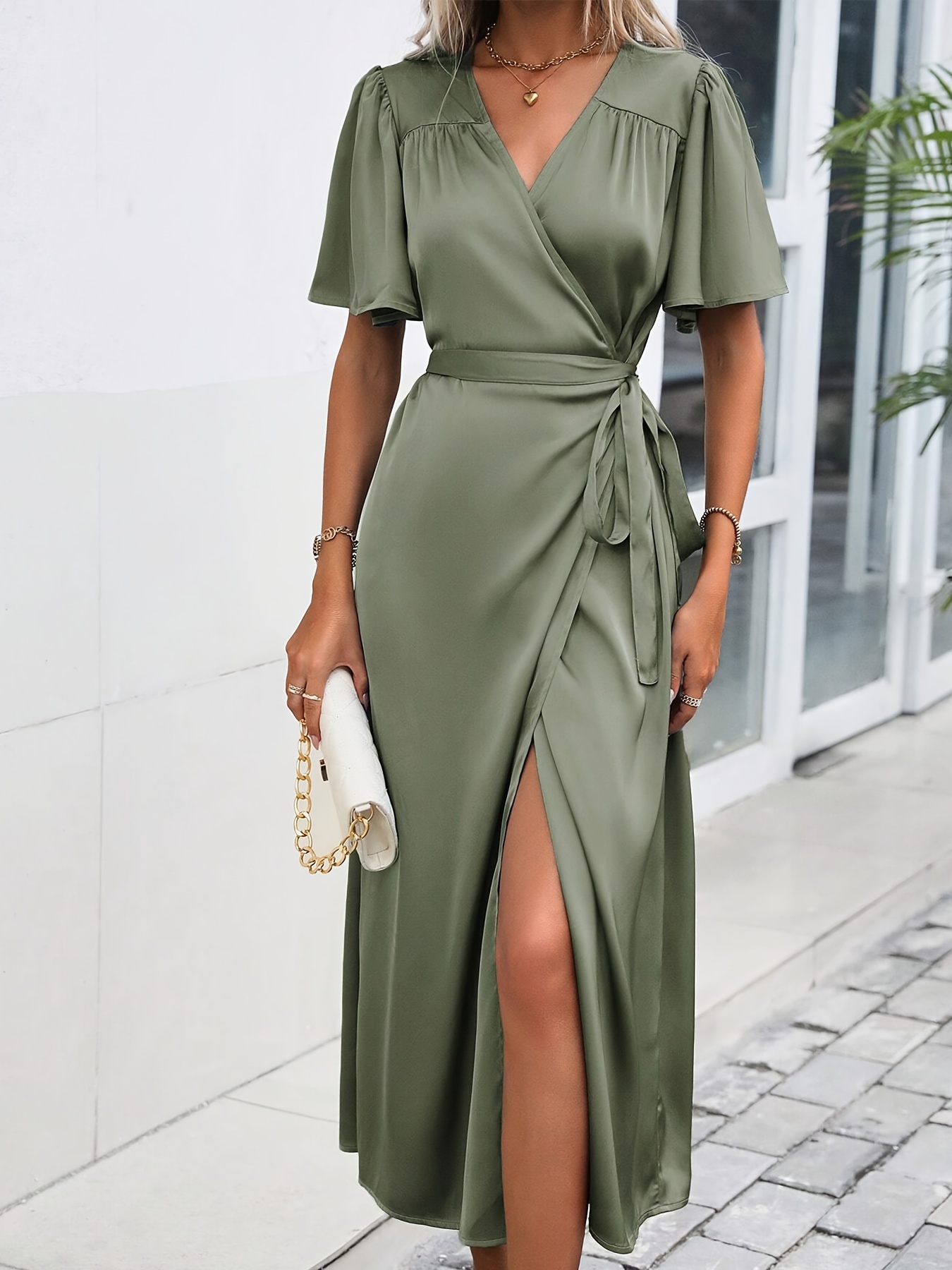 Sage Green Shirred Waist Shirt Dress
