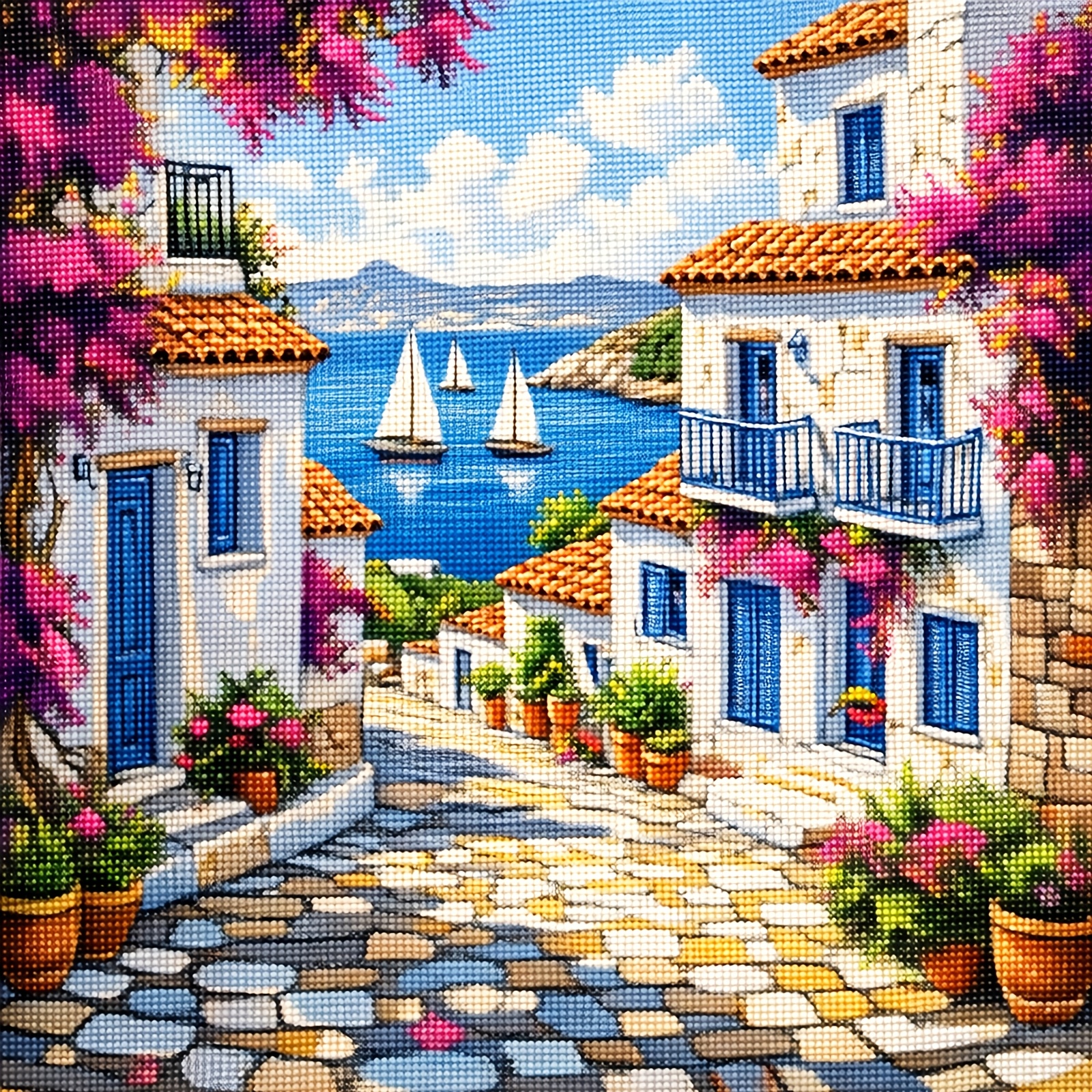 TEMU Kit de point de croix - Motif balnéaire avec maisons bleues et blanches, ombres de et floraux