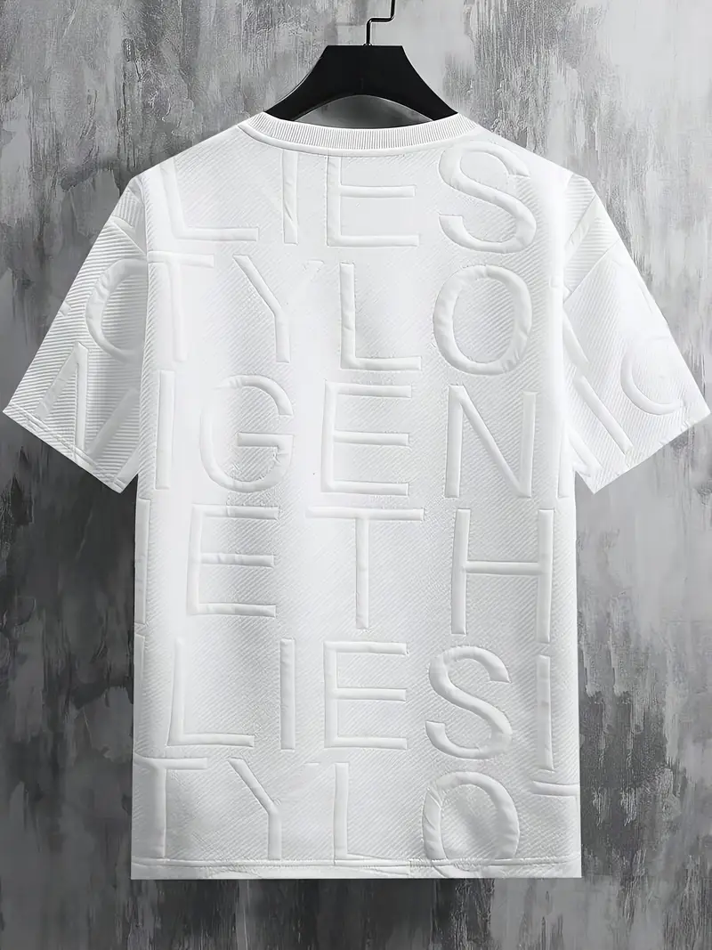 letter pattern textured and knit mens solid color short sleeve crew neck t shirt trendy and chic tops for men for summer details 7