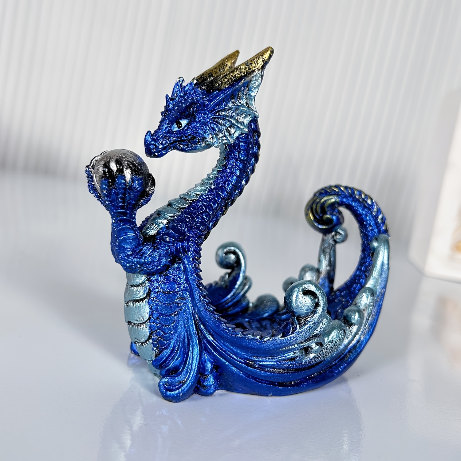 Image of Resin Dragon Incense Holder With Glass Ball, Freestanding Handcrafted Painted Dragon Incense Holder For Home Decor And