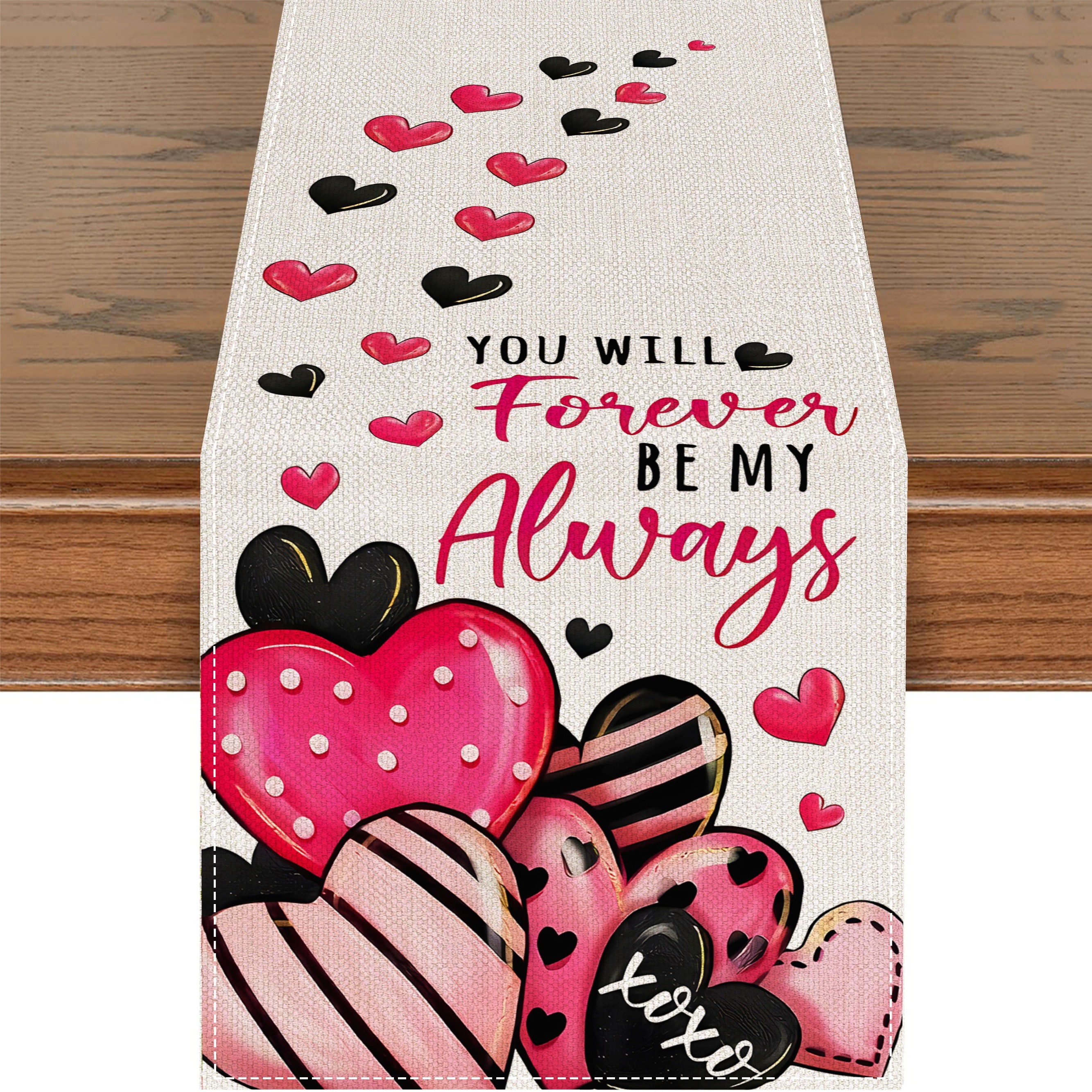 

Valentine's Day Linen Table Runner - Woven Love Balloon Design, Romantic "forever Be My Always" Text, 100% Linen Decorative Rectangle Table Linen For Proposals & Celebrations - 1pc, Multiple Sizes