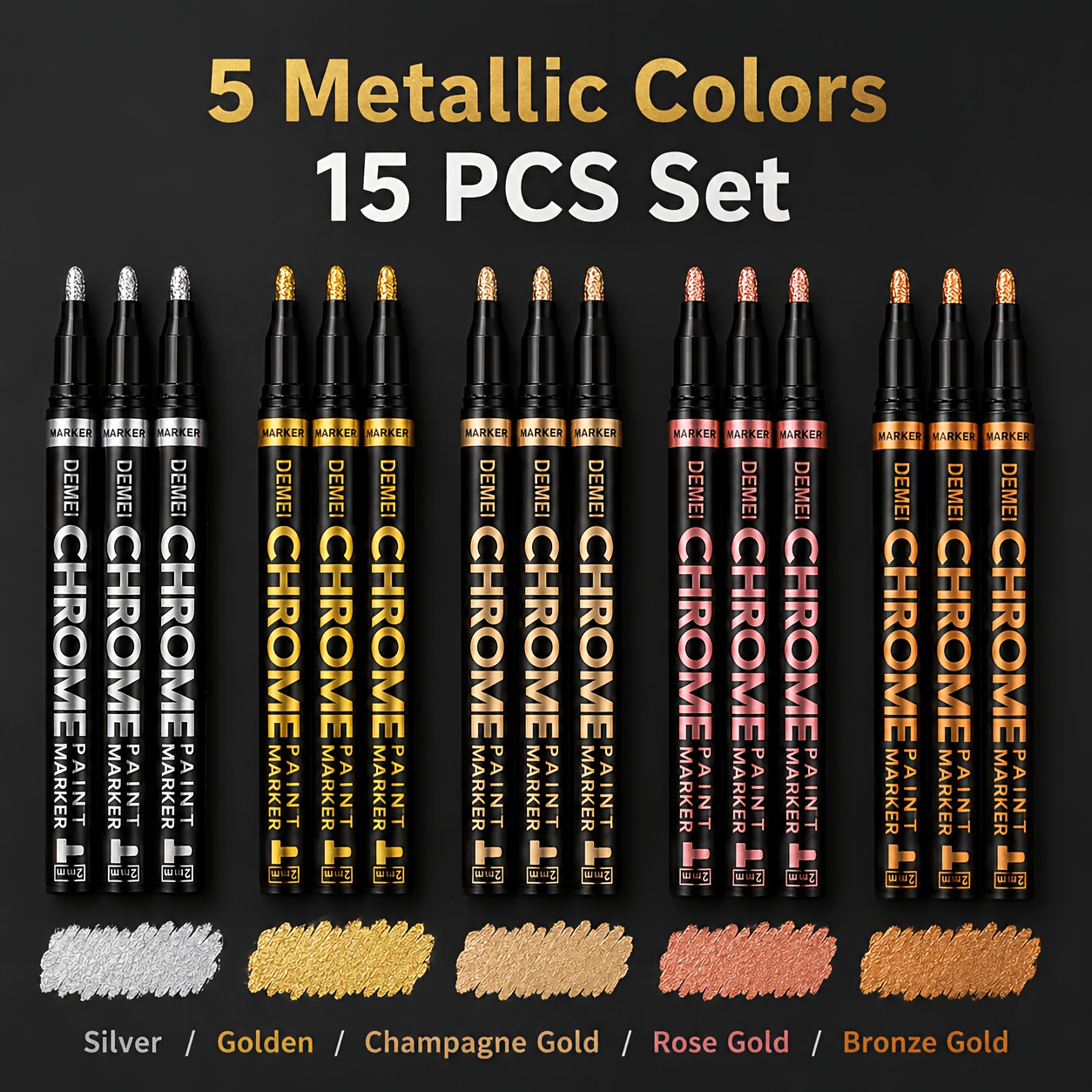 TEMU 15-pack High-shine Metallic Permanent Markers - 5 Assorted Colors (3 Each) - 2mm Fine Tip Non-erasable Pens For Office Marking, Model Making,
