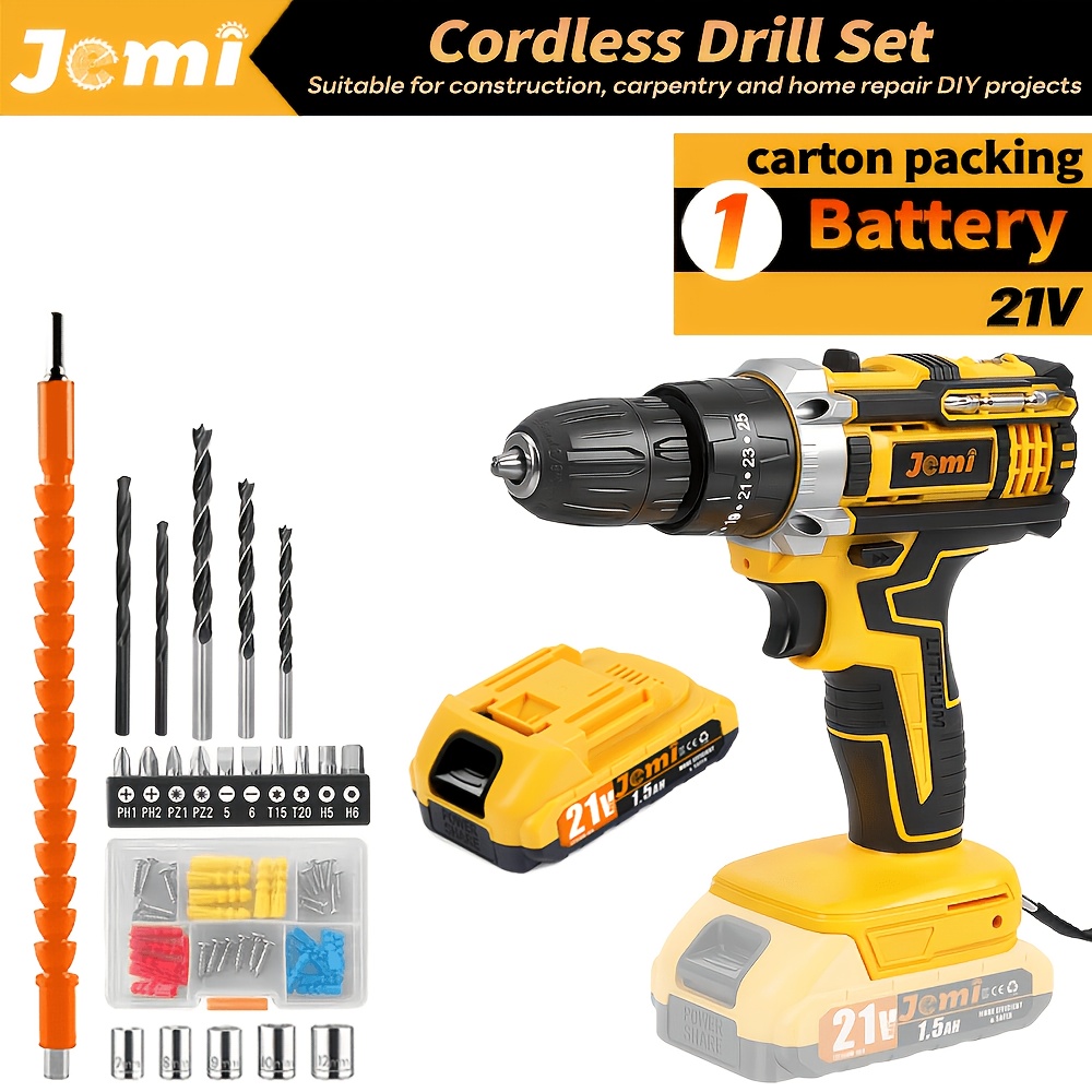 Jemi Tool Cordless Drill, Plastic Case Accessory Kit Combo, 1/2*1500mah Detachable Battery, 21v Drill Suitable For Industrial And Home Daily Maintenance Work