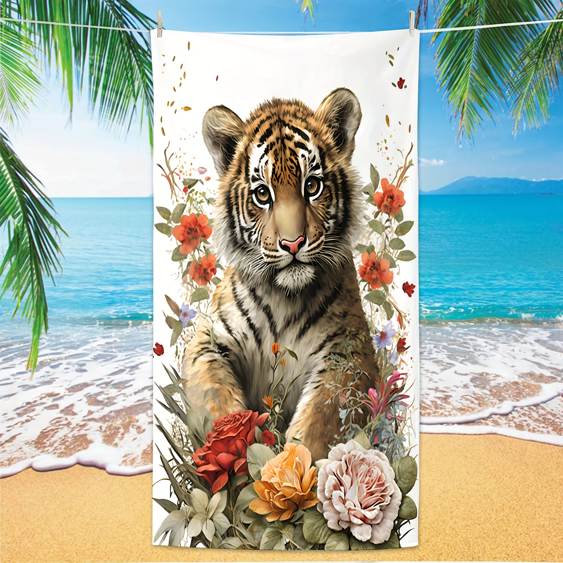 Cute Tiger Flower Pattern Beach Towel Soft Absorbent Pool - Temu