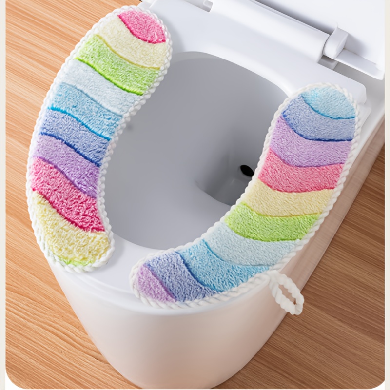 2 Pack Rainbow Coral Fleece Toilet Seat Cushions, Fixed Installation, White Trim, Portable Handle, Universal Fit