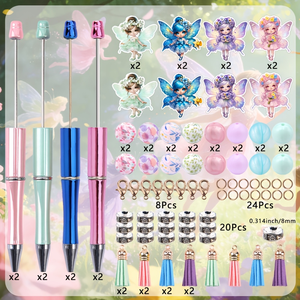 TEMU 8 Ensembles Colorés de Stylos Perlés avec Pendentif de Fée et Gland, Kit de Fabrication de Stylos Ronds de 1 mm, Accessoires d'Écriture pour