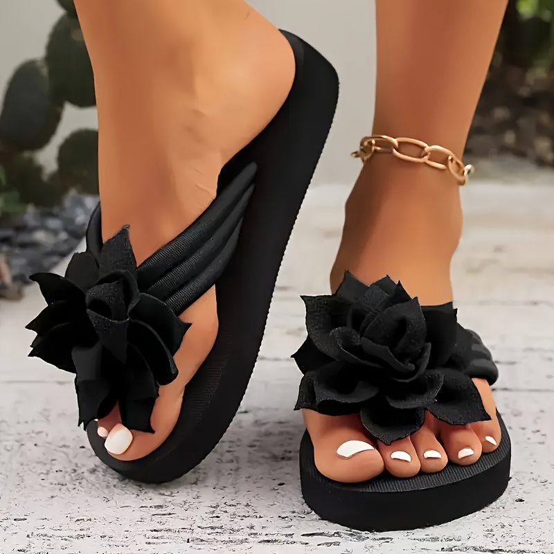 Women'S Summer Beach Flip-Flops, Floral Decorated Soft Sole EVA Slippers, Black, Beige, Pink, Rose Indoor Outdoor Slides, Breathable Comfortable Women'S Summer Sandals. Beach Vacation Party Women Shoes