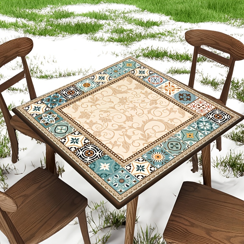 TEMU 1pc 2d Flat Printing Square Elastic Tablecloth, Vintage Floral Damask Border Art Pattern, 36 X 36 Inch Polyester Fabric Suitable For Kitchen