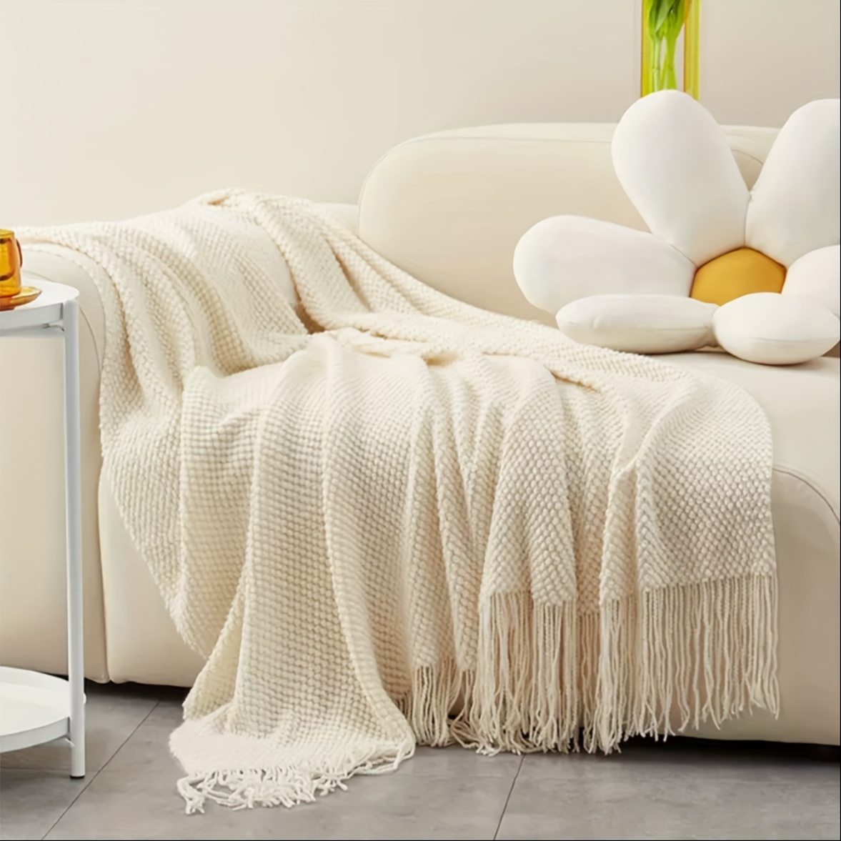 Image of Vintage Polka Dot Throw Blanket - Lightweight Bubble Texture With Tassels, Soft Mixed Colors For Couch, Bed, Home Decor, Throw Blanket For Couch, Bed Cover, Tassel Trim, Cozy Material, Stylish