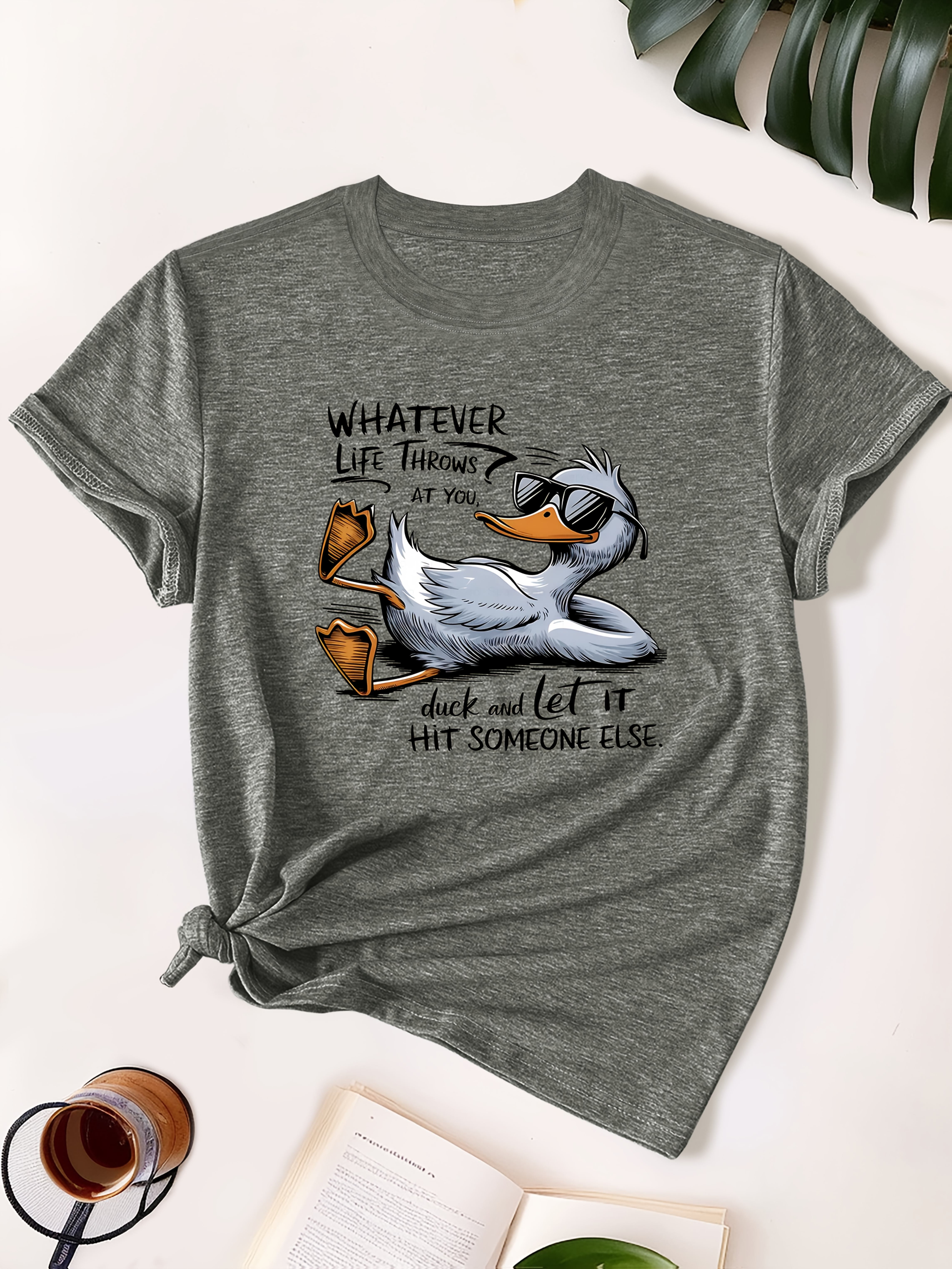 womens olive green casual t shirt with cute duck graphic humorous quote soft breathable fabric relaxed fit round neck short sleeve top for casual attire machine washable ladies t shirts Product details 14