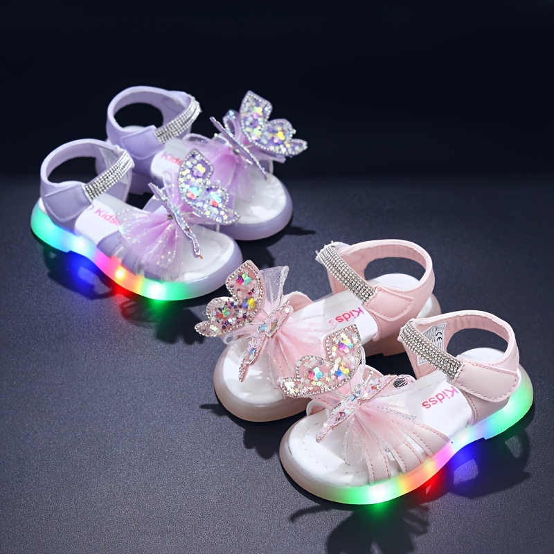 Girls' Glowing -Up Sandals with Moving Wings Rainbow Self-Lit  Princess Shoes for 1-6 Years, Soft TPR Sole PU Upper, Magical Shoes for 